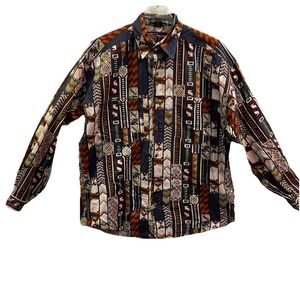 Vintage Structure Shirt Mens Med 100% Cotton Abstract Art Button Up Korea Aztec